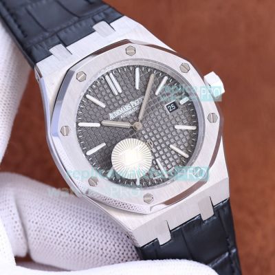 Replica Audemars Piguet Royal Oak 15202 Watch SS Grey Dial Black Leather